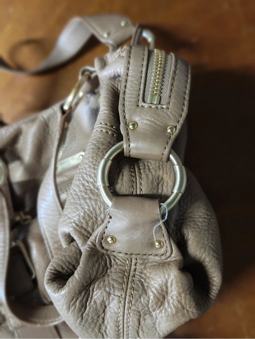 Michael Kors Taupe Leather Shoulder Bag with Buckle Accents